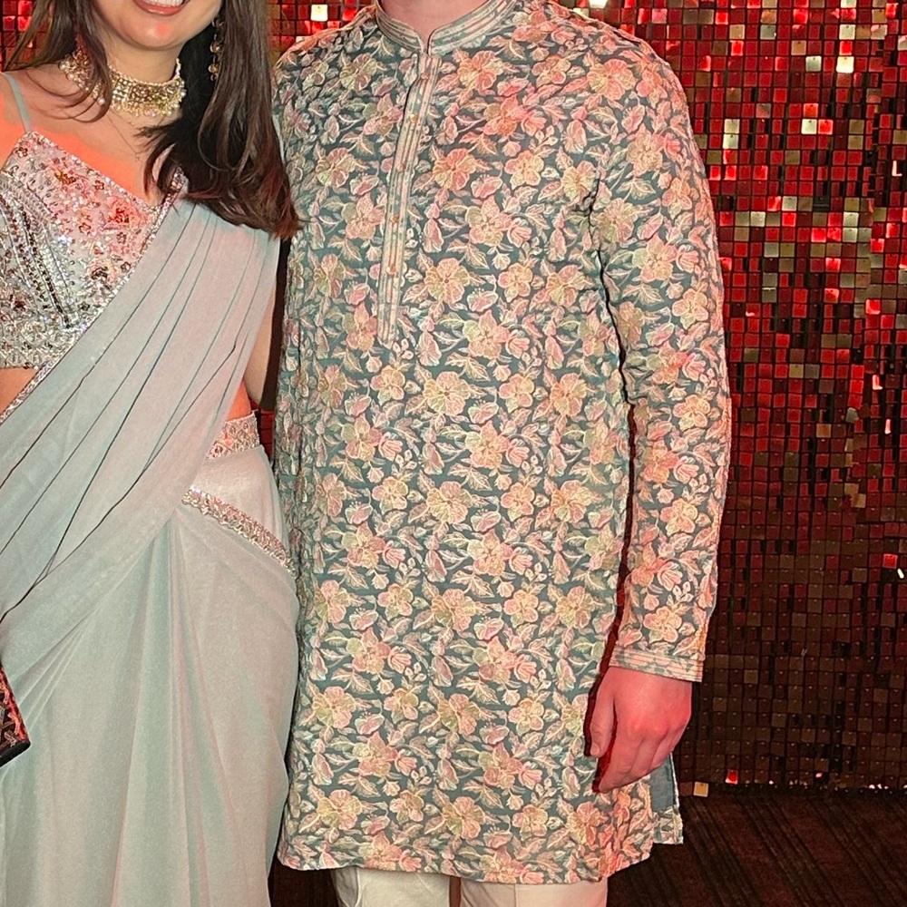 Men’s Green Embroidered Kurta with White Pants